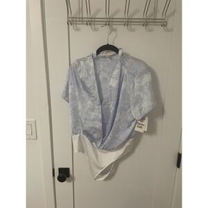 Open Edit Blue Floral‎ Bodysuit Women's Large Short Sleeve Mock Neck